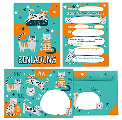 Junapack 12 Einladungskarten incl. 12 Umschläge zum Kindergeburtstag Geburtstag Mädchen Jungen Katzen