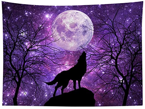 LB Wandteppich Schwarzer Wolf Wandtuch Vollmond am Violetten Sternenhimmel Wandbehang Bäume in den Bergen Tapisserie für Wohnzimmer Schlafzimmer Wohnheim Wanddeko,150x100cm