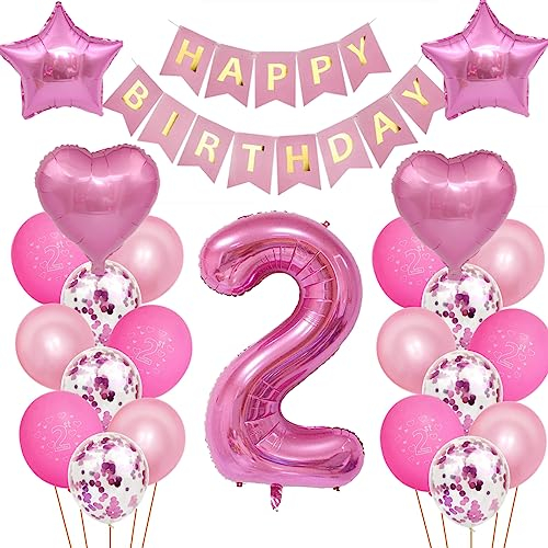 Kindergeburtstag Deko Mädchen 2 Jahr Ballons, 2. Geburtstag Dekorationen für Mädchen,Deko 2 Geburtstag Ballons,2 Geburtstag Deko Mädchen Happy Birthday Banner Luftballons Rosa Konfetti Helium Set