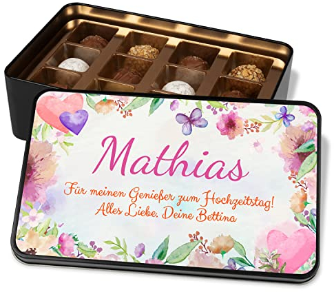 Pralinendose personalisiert „Wunschtext 3zeilig“ - BLUMEN - mit 12 Confiserie-Pralinen – Schokolade Dankeschön Geschenk für Freunde, Kollegen & Familie