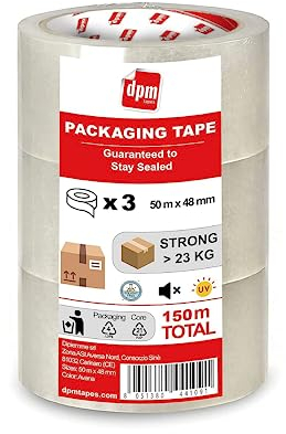 Dpm tapes Packaging Tape – Verpackungsband, Klebeband, Versand, Umzug, reißfest, Lösungsmittelfrei, Stark Und Leise, 50 m x 48 mm (3 Rollen) (Transparent)