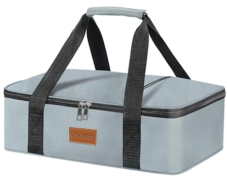Cooklux Insulated Casserole Carrier - Single Layer Design, Food Warmer Bag for Hot&Cold Food Travel, Fits 9x13 Casserole Dish, Leak-Proof, Durable Nylon, Zip Pockets, Grey