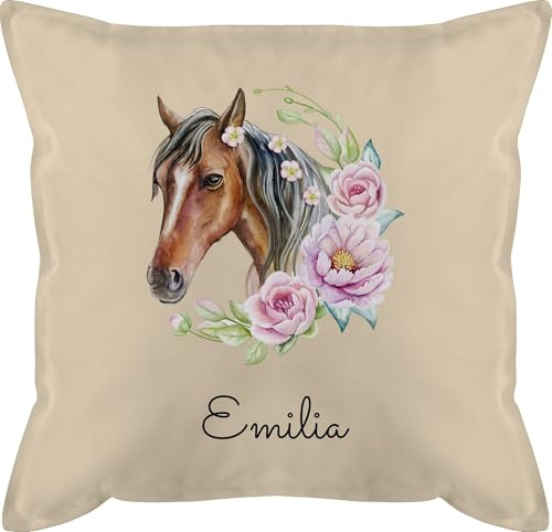 Kissen 50x50 - Pferd Pferde - Wunschname Pferdekopf Name I Pferdemotiv I Geschenk Pferdemädchen - 50 x 50 cm - Beige Natur - kinderkissen pferdekissen Reiter Horse schmusekissen Baumwolle