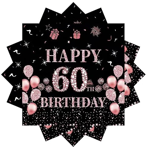 Servietten 60 Geburtstag,20Stück Papierserviette Geburtstag,33 x 33 cm Geburtstagsservietten,Schwarz Rosé Gold Tischdekoration für Party Geburtstag,Happy 60th Birthday Paper Napkins für 60. Geburtstag