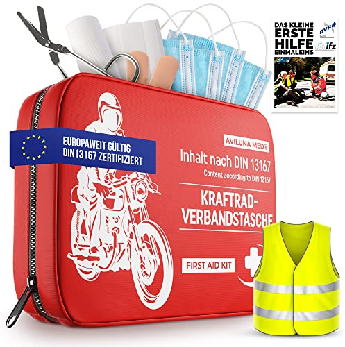 Verbandskasten Motorrad – Motorrad Verbandskasten Mini – Erste Hilfe Set Motorrad ink. [E-Book+Warnweste] – [EUROPAWEIT GÜLTIG] Sicherheit für den Notfall Warnweste Motorrad [DIN 13167]