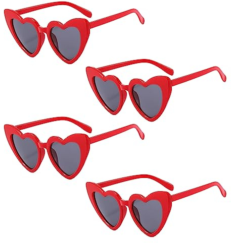 MIVAIUN 4 Paar herzförmige Sonnenbrillen, rote Herz-Sonnenbrille, Vintage-Katzenaugen-Liebesbrille, 70er-Jahre-Sonnenbrillen-Set, Kostüm-Stil, bunte Brille für Sommerparty, UV400 (rot)