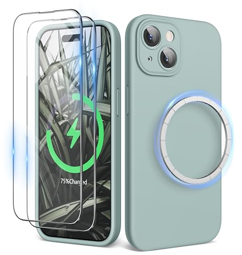 SURPHY für iPhone 15 plus Hülle Silikon (6,7) kompatibel mit MagSafe mit Displayschutzfolie & Vollständiger Kameraschutz, Handyhülle iPhone 15 plus Case mit Magnete, Agavengrün