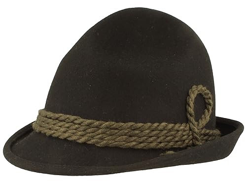 Breiter Original Herren Trachtenhut Filzhut Wanderhut Spitzkopf 100% Wolle, schmaler Krempe & Wollkordel Schwarz 54