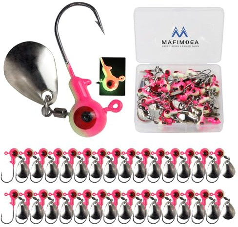 MAFIMOEA Underspin-Jigköpfe mit Spinner, Angelköpfe, Hakenset, Crappie Jigs, Angelhaken, Sortiment, Salzwasser, Süßwasser, Barsch, Crappie, Forelle, leuchtet im Dunkeln, 20/30 Stück