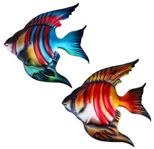 OMaju 2 piezas de metal de peces de pared de hierro escultura de pared jardín peces tropicales náuticos mar decoración de pared para piscina, patio, porche, interior y exterior hogar