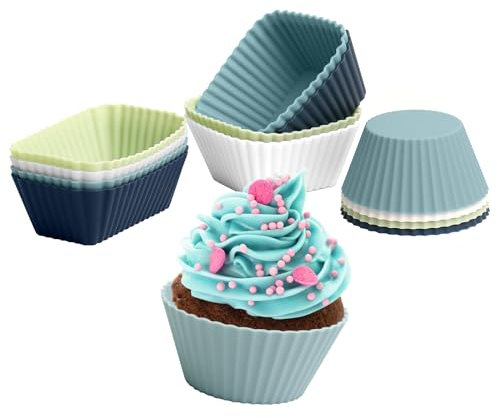 Reusable Muffin Moulds Baking Cups - 12Pcs Silicone Cupcake Cases,BPA-Free Non-Stick Bakeware Trays 3 Shapes 4 Colors Moulds for Desserts Ice Cream Pudding Jelly
