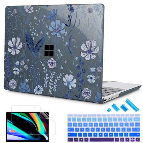 Tuiklol Case for 12.4 Inch Microsoft Surface Laptop Go 3/2 / 1 2023-2020 Releases, Plastic Hard Shell Case with Screen Protector and Keyborad Cover +Dust Plugs Model 2013/1943,Blue Line Floral