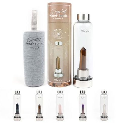 Myga Tigers Eye Crystal Water Bottle - 500ml Glass Drinks Bottle with Natural Healing Crystal & Neoprene Sleeve for Wellness & Self-Care - Gemstone: Tigers Eye