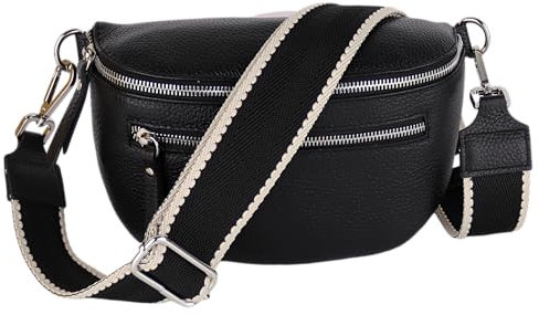 MIRROSI® Damen Bauchtasche Umhängetasche 27x14,5x8cm Damen, Made in Italy, aus Echtleder Tasche Echtes Leder, Brusttasche, Crossbody Bag,Bohemian Style (1 Tasche 2 Gurte) (Schwarz Klassik)