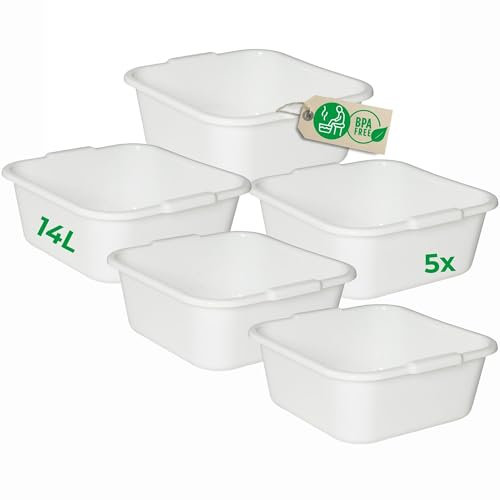 Novaliv 5x Spülschüssel eckig 14L, 38x38 cm, Weiß, BPA-frei & Spülmaschinenfest ? Ideal für Küche und Camping, Wanne, Große Plastikschüssel, Waschschüssel eckig, Waschwanne, Abwaschschüssel
