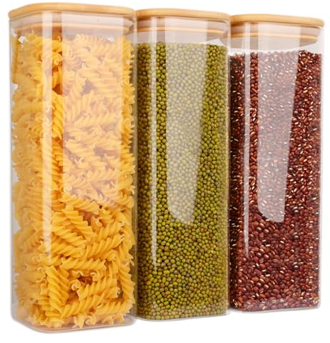 Finew 2100ml Glass Storage Jars with Lids, 3 Pack Airtight Glass Jars & Canisters, Square Spice Jars for Pasta Flour Spices Cookie Sugar Tea Coffee Beans