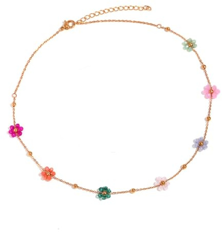 Collana Girocollo con Sfere di Fiori Carini con Perline Collane Regolabili con Perline Acriliche Colorate in Acciaio Inossidabile Moda Gioielli Placcati Oro 18K Regali per Donne Ragazze Catena 15+2