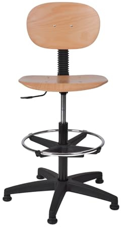 Topsit Arbeitsstuhl IND114 aus Holz, Buche klar lackiert, Laborstuhl, Stufenlose Sitzhöhenverstellung mit Toplift, Verchromter Fußring, Kunststoff-Fußkreuz mit Füßen.