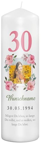 PhotoFancy® - Personalisierte Geburtstagskerze - Fotokerze mit eigenem Foto/Text bedrucken lassen - Kerze mit Geburtstags-Design: Blumen - 29 cm Höhe