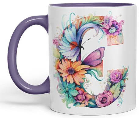Vixar Letter C Mug, Floral Flowers Butterfly Alphabet Letter C Monogram Watercolour Ceramic Coloured Mug Cup for Tea Coffee Hot Brew 330ml 11Oz Gift (Purple)