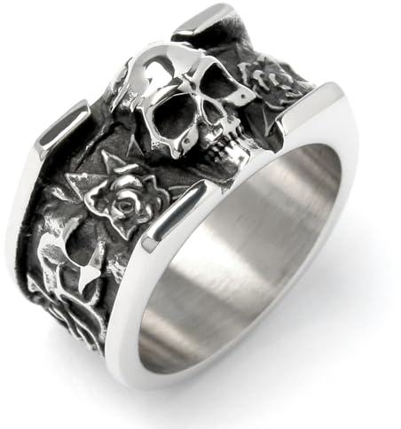 Schmuck-Checker Massiver Totenkopfring aus Edelstahl mit Rosen, detaillierter Bikerschmuck für Herren und Damen
