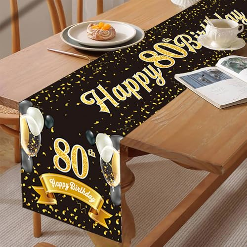 Glamifyr Tischläufer 80 Geburtstag,Tischläufer Schwarz Gold 80 Geburtstag Deko,Tischläufer Geburtstag Schwarz Gold Happy 80th Birthday Tischband zum 80. Geburtstag Männer Frauen,180x35 cm