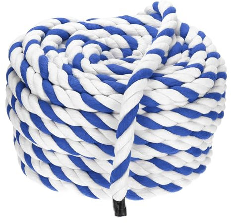 PATIKIL 1 Inch x 100 Feet Natural Twisted Cotton Rope 3 Strand Strong Thick Cotton Rope Tug of War Rope for Railings Crafts Games Home Decor, Blue White
