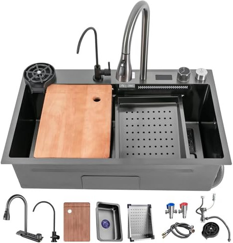Fregadero Moderno Cocina Multifuncional Negro, Fregadero en Cascada 1 Seno 70x50cm Grande, Fregadero de Acero Inoxidable Cepillado, Juego de Fregadero de Cocina, Incluye Todos Los Accesorios