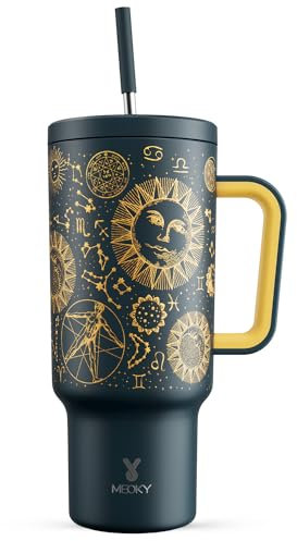 Meoky 1182ml/40oz Thermobecher mit Strohhalm und Griff, Doppelwandiger Edelstahl Vakuum Kaffeebecher to Go, 100% auslaufsicher, für Kalte und Heißer Getränke (Tarot)