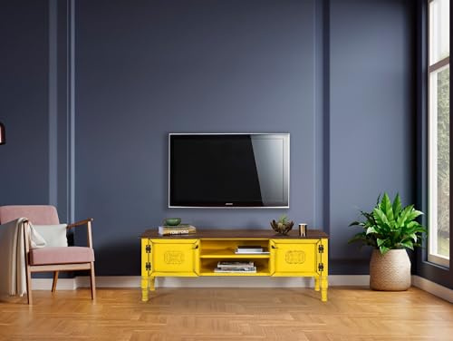 Hanah Home Stylish Yellow TV Unit, 150 cm Wide, 40 cm High, 50 cm Deep | 100% MDF with Spruce Top & Hornbeam Legs | Modern Design for Living Room & Entertainment Spaces