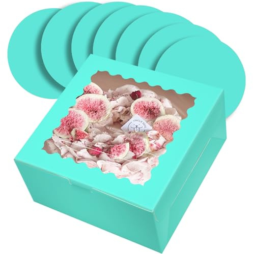 Gcardist 25.4x25.4x13cm Cake Box, 5 Sets Mint Blue Cake Box with Window & 5 Sets 10 Inch Mint Blue Cake Round Boards, Cake Containers(10x10x5 Inch)