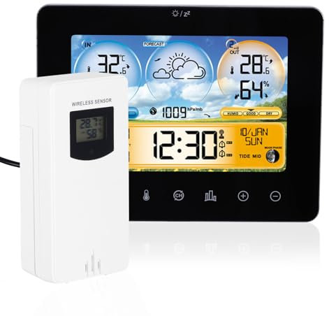 Wetterstation Funk mit Außensensor, Wetterstationen Innen- und Außentemperatur Funk mit Wettervorhersage, digitales Farbdisplay, Funkwetterstation mit Wettervorhersage