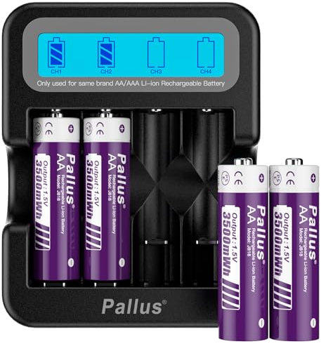 Pallus Lot de 4 Piles AA Rechargeables au Lithium avec Chargeur Rapide 2 Heures, Haute Capacité 3500 mWh, Puissance Constante 1,5 V, Cycles Supérieurs à 1600, Compatibles avec Les Caméras Blink