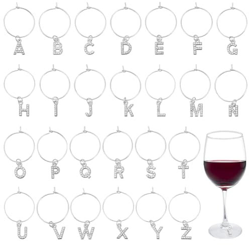 WEBEEDY 26 Pcs Silver Letter Wine Glass Markers Charms Wedding Shiny Rhinestone Wine Glass Charms for Stem Glasses Drink Wine Identifiers for Champagne Cocktail Goblet Parties Wedding Dinner, 25mm