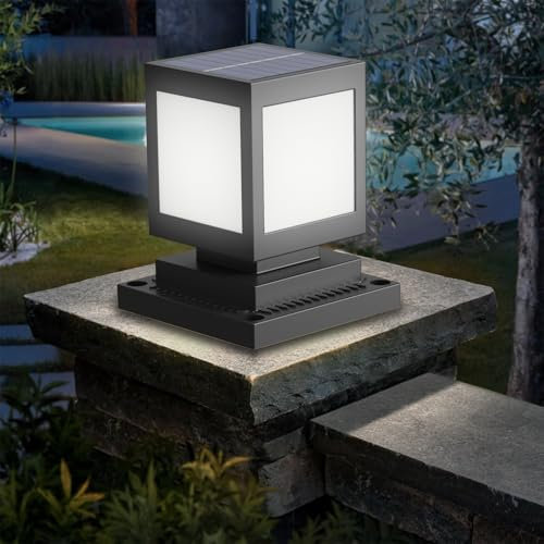 HMAKGG Farola Solar Exterior, LED Luz Solar Sobremuro, 6000K Luces Exterior Jardin en ABS, 2200mAh, IP45 Poste Luz Jardín Square para Valla Patio, Luz Blanca, Negro