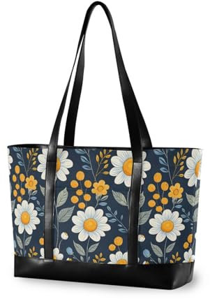 Floreale Camomilla Modello Blu Scuro di classe borsa da lavoro con scomparto per laptop con cerniera grande tote per mamma con pendolare bolsa para laptop, Fantasia Floreale Camomilla Blu Scuro, 1