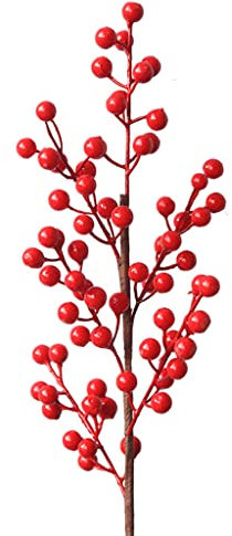 Fiore artificiale rosso con stelo 6 rami bacche di agrifoglio simulazione fiore finto