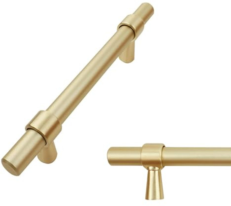 keypak 10 Pack Brushed Brass Smooth T-Bar Kitchen Cupboard Handles 96mm | 150mm Bar, Aluminium Pulls for Cabinet, Wardrobe Doors, Chest of Drawers