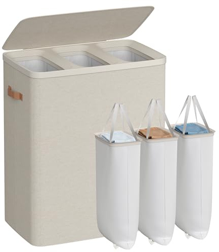 SONGMICS Laundry Basket with Lid, 190 L Triple Compartment, Removable Liner | Laundry Hamper with Lid and Handles, 64 x 40 x 75 cm, Easy Assembly, Beige, BROSI Collection LCB814LH01
