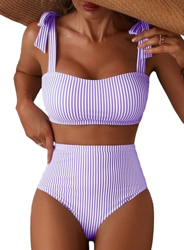Herseas Women's Striped Adjustable Tie Shoulder Bikini Set Full Coverage Swimsuits High Waisted Two Piece Bathing Suits Flattering Stretchy Cruise Essentials X-Large