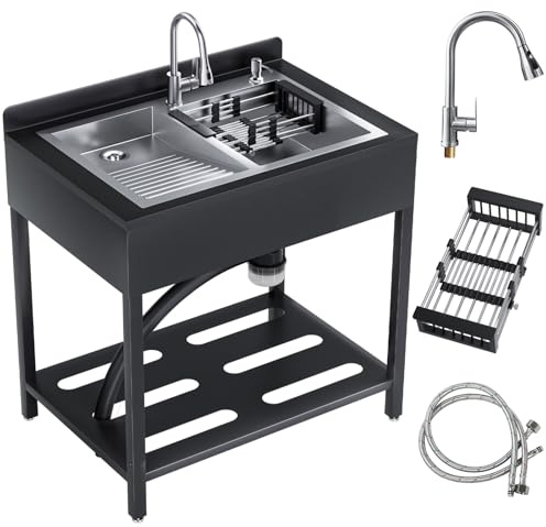 Freistehende Edelstahl 2 Becken Waschspüle für Außenbereich, Spülbecken Küchen Spüle mit Abtropfschale & Ausziehbarem Wasserhahn & Kalt-Warmwasserrohre, Kitchen Sink Handwaschspüle für Küche, Garten
