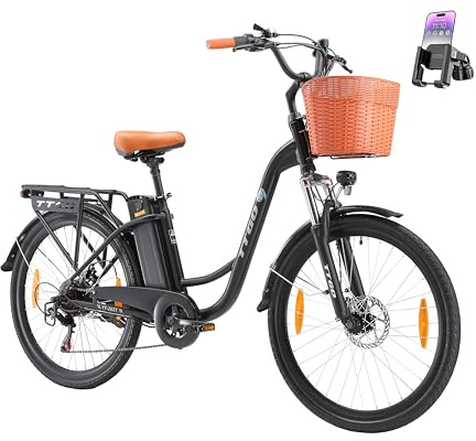 ttgo C2 Vélo électrique 26 avec panier, vélo électrique de ville pour homme et femme avec moteur 250 W 36 V 14,5 Ah, batterie amovible, 25 km/h, 6 vitesses, portée jusqu'à 100 km, vélo électrique