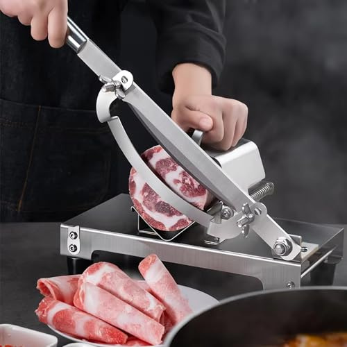 Manual Frozen Meat Slicer, 304 Stainless Steel with Wall-Mountable Design, 0.2-8mm Adjustable,Waterproof Extended Blade for Hot Pot, BBQ, Pizza,Silver