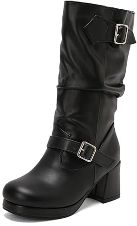 Bviennic Botines Mujer Tacón Ancho Medio Con Plataforma Casual Punta Rojoonda Sin Cordones Slouch 2714, Talla 34-46