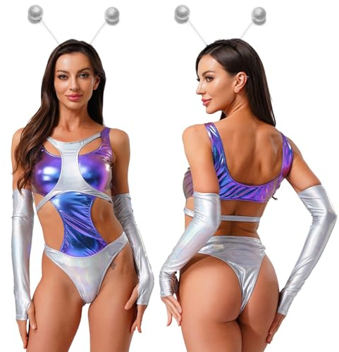 Yiesvsov Alien Queen Ant Costume Women's Metallic Bodysuit with Headband Sleeves Leotard Shiny One Piece Set Blue XXL