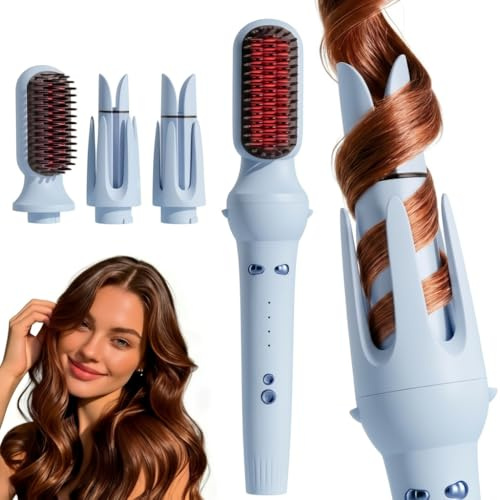 3 in 1 Lockenstab Automatisch mit 32/36mm Lockenwickler & Haarglätterbürste, 4 Temperaturstufen, Schnellaufheizung, 60 Min Sicherheits-Automatik Für alle Haartypen (Blau)