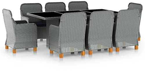 Runheo Ensemble de Salle à Manger d'extérieur 9 pièces, résine tressée Ronde Grise, avec Coussins Noirs, Table en Verre trempé et Pieds en Bois d'acacia Massif, pour Jardin, Balcon et Patio