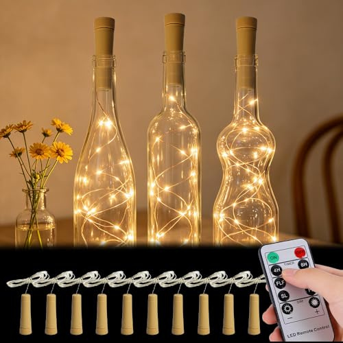 LYPPUL 10 Stück Flaschenlicht mit Timer, 2M 20 LED Weinflasche Flaschenlichterkette Korken, LED Flaschenlicht Warmweiß mit Fernbedienung für DIY Flaschen Hochzeit Party Innen Dekoration