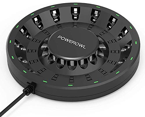 POWEROWL Chargeur de piles AA AAA 16 baies (mise à jour, charge haute vitesse) avec lumière LED intelligente et prise, pour batteries rechargeables NIMH NICD et plus