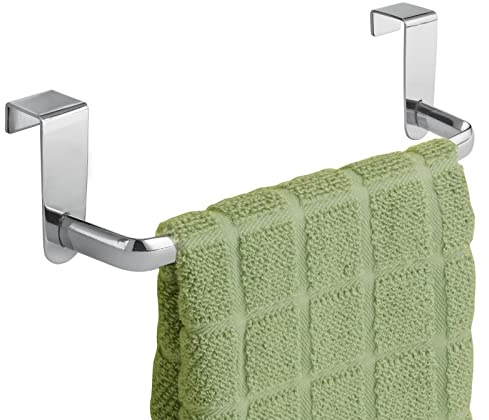mDesign Tea Towel Holder – Over Door Towel Rail for Cupboards and Kitchens – Kitchen Towel Holder for Hand Towels, Tea Towels and Cloths – Silver